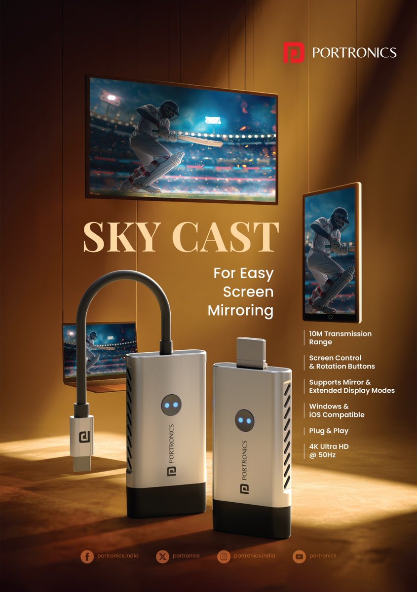 ncnmagazine's tweet image. Mirror Your World — Wirelessly!
Introducing the Portronics Sky Cast — the ultimate screen mirroring solution designed for seamless, high-quality wireless casting
 
Click here for more Details
bit.ly/_Portronics_NCN
@Portronics 
 Email: help@portronics.com
 
#Portronics