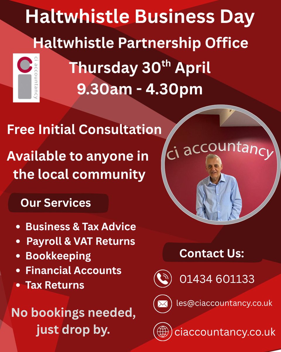 CIAccountancy's tweet photo. Haltwhistle!! Look out! Les is back on Thursday 30th April to answer any of your tax or business queries. #northeast #accountant #taxplanning #northumberland #localaccountant https://t.co/3w830eXFYk
