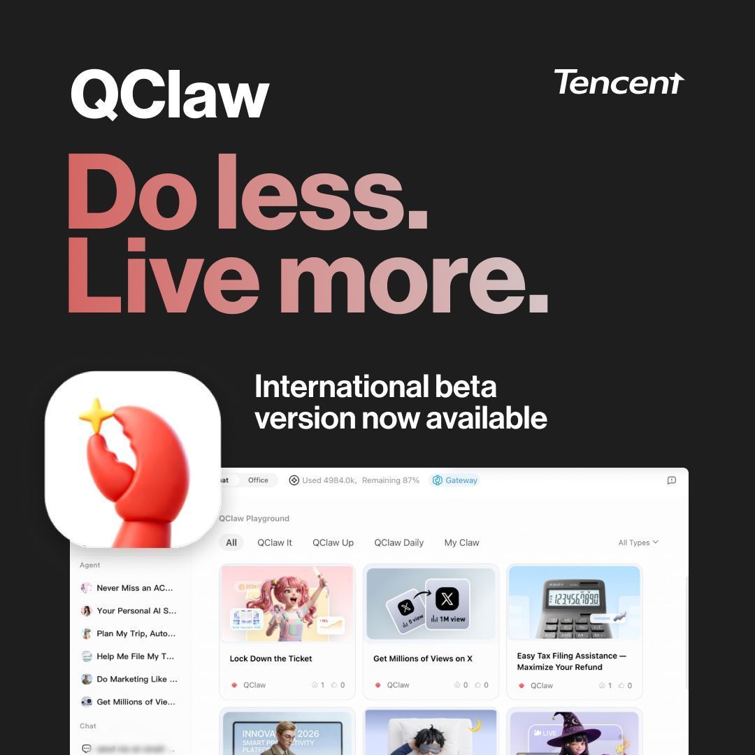 Tencent's QClaw is now open for international beta — run AI agents remotely from WhatsApp, Telegram, WeChat and more, with no new tools needed for set up. 
buff.ly/lKf3lgh <a href="/QClaweverytime/">QClaw</a> #TencentAI #AIAgent