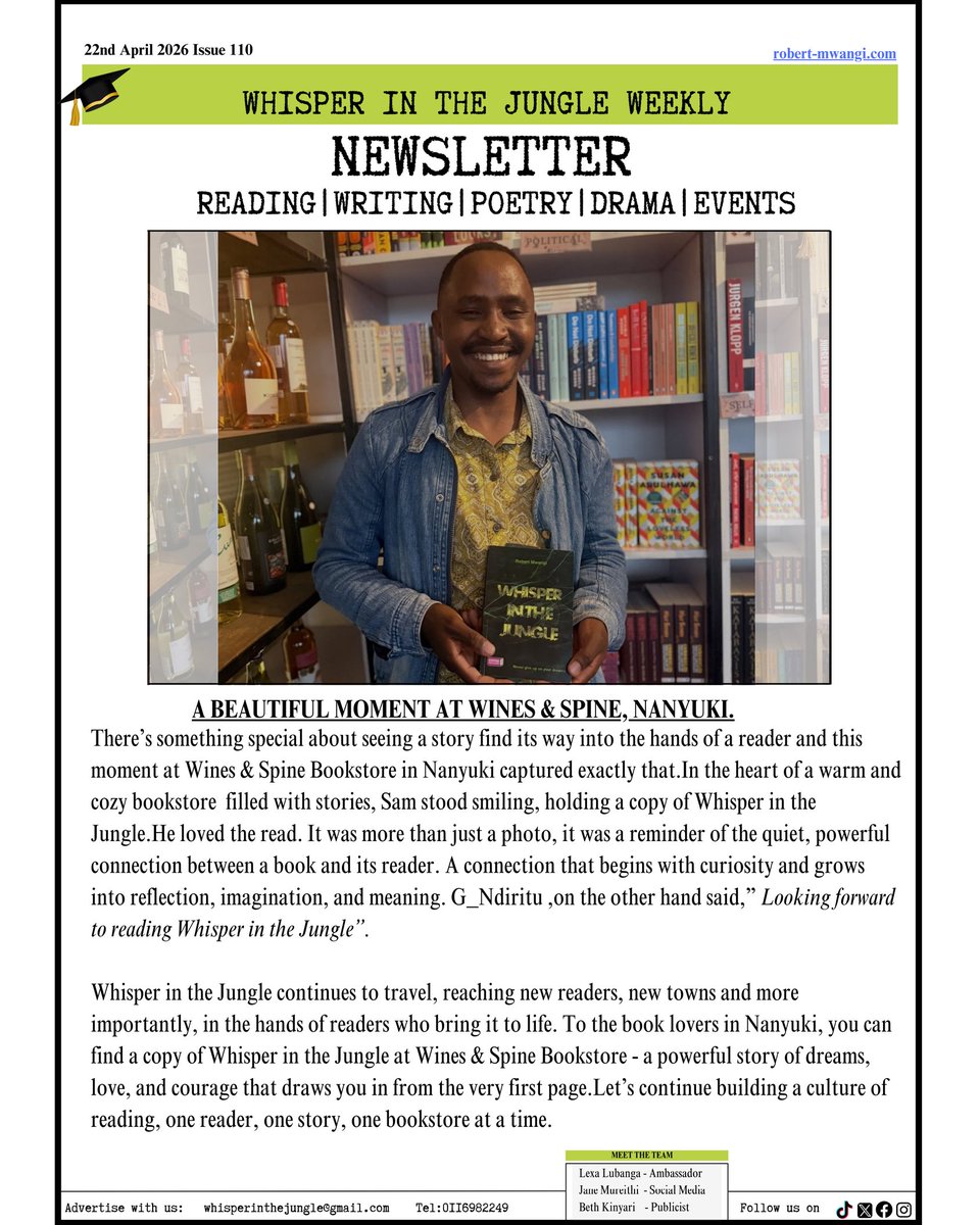 WhisperJungle's tweet image. How to succeed as a writer in Kenya.Are you a writer, poet, or book lover in Kenya?Here is your Weekly Newsletter.Join our community of passionate readers, writers, and poets as we explore the world of words. 
#whisperinthejungle #readingcommunity #readingculture
 #literary