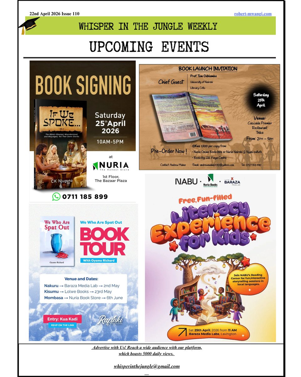WhisperJungle's tweet photo. Don't miss out on upcoming events, book readings, book launches and signings, poetry sessions,book fairs &amp; workshops, writing competitions happening near you. 

Author Robert Mwangi started this weekly newsletter because when he was writing there was nobody to guide him. https://t.co/B3OME2XNyJ