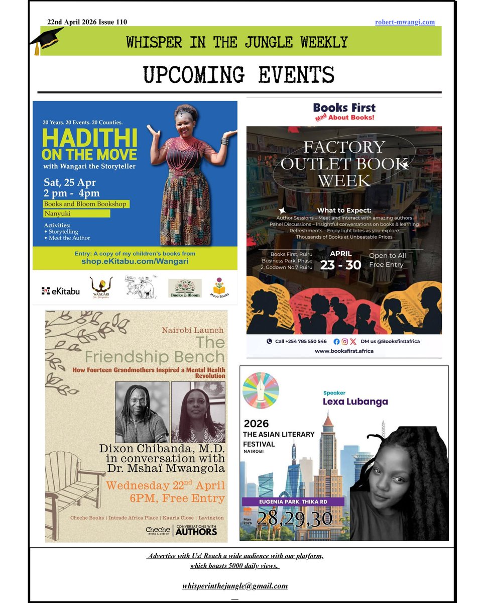 WhisperJungle's tweet photo. Don't miss out on upcoming events, book readings, book launches and signings, poetry sessions,book fairs &amp; workshops, writing competitions happening near you. 

Author Robert Mwangi started this weekly newsletter because when he was writing there was nobody to guide him. https://t.co/B3OME2XNyJ