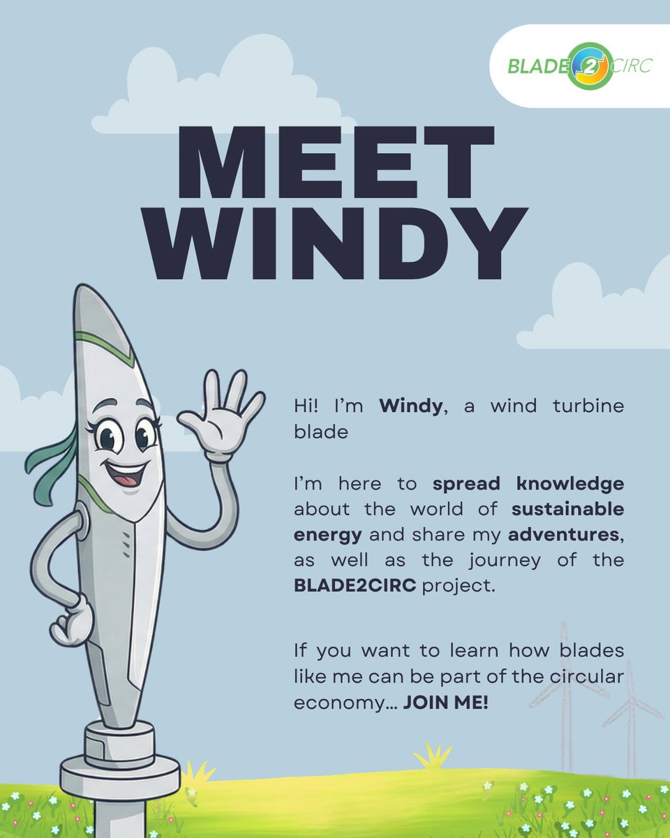 BLADE2CIRC's tweet photo. Meet Windy!👋🏻 Our new protagonist in this series of sustainable adventures. 

Through her experiences, we’ll explore the challenges of recycling composite materials, don’t miss it!! 

#BLADE2CIRC #WindEnergy #Sustainability https://t.co/kALzeCQzwR