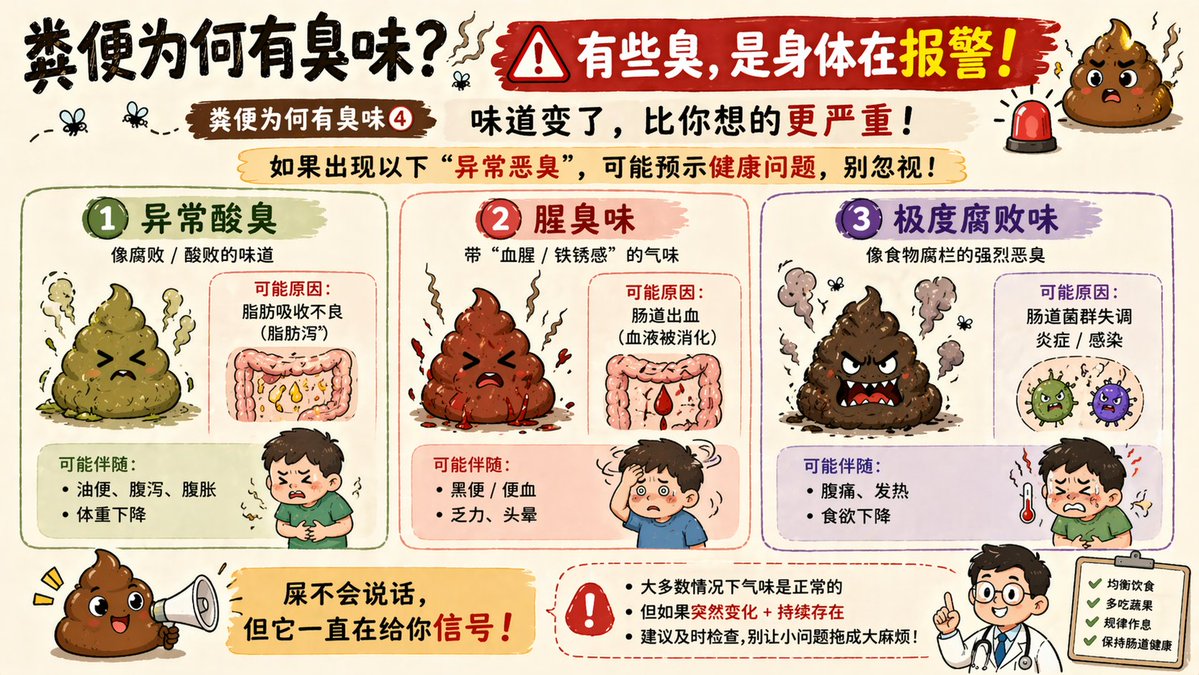 【粪便为何有臭味？】
这是一期有“味道”的科普。
很多人以为“臭”只是正常现象，但其实，气味从来不是随机的。它来自肠道细菌的工作结果，也和你的饮食习惯、身体状态密切相关。更重要的是——当味道突然改变，可能就是身体在发出信号。