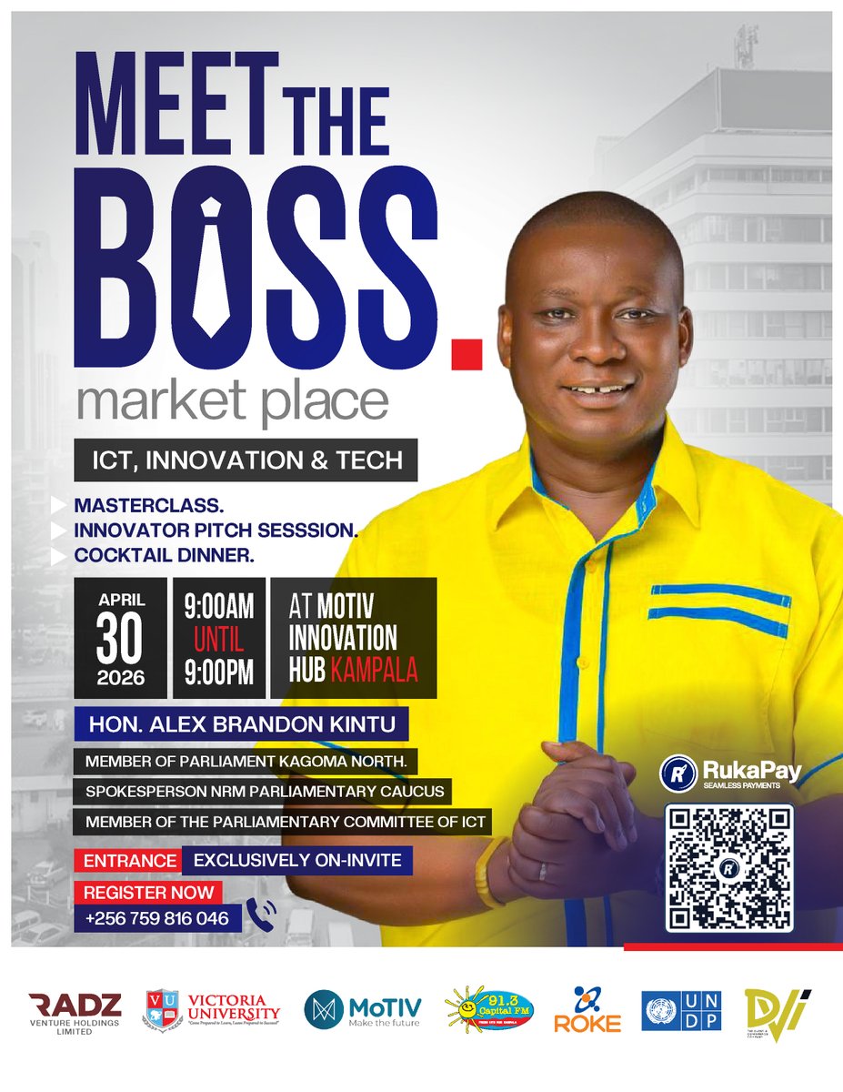 Big ideas. Real conversations.
Meet the Boss – Market Place
Join us as Hon. Alex Brandon Kintu shares perspectives on leadership, innovation, and the future of tech.
📍 MoTIV Innovation Hub, Kampala
📅 April 30, 2026
DVI is proud to support bold ideas and leadership.