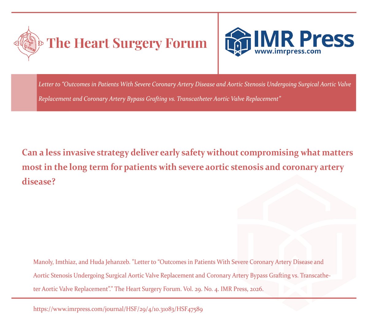 hsfeditor's tweet photo. 🫀The work from @MBRUniversity by Dr. Imthiaz Manoly and his team is now featured in HSF!

👉: https://t.co/D1PwwdNqeb

💡Which matters more in complex #AorticStenosis and #CAD: early safety with #TAVR or long-term benefit with #SAVR + #CABG?​
#Cardiology #CardiacSurgery #Surgery https://t.co/j0ex5Cs4IN