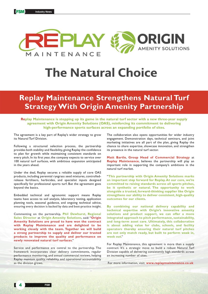 FSMmagazine1's tweet image. Latest Issue📰@ReplayMaintain has made a three‑year supply agreement with @OriginAmenity, reinforcing its commitment to delivering #HighPerformance #sports surfaces.

➡️fsm-online.co.uk/replay-mainten…
#facman #StadiumManagement #FacilitiesManagement #NaturalTurf #partnership #SportsTurf