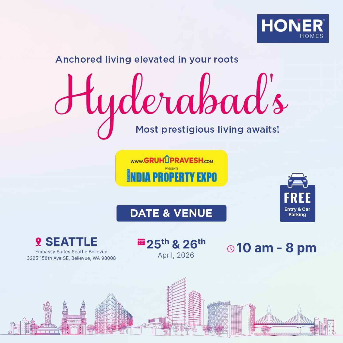 HonerHomes's tweet image. This April 25th &amp;amp; 26th,#HonerHomes brings #Hyderabad closer to you in #Seattle.Discover premium living spaces and begin your journey back to where your heart belongs.
For more details, visit: honerhomes.com
#PropertyExpo #HyderabadRealestate #ExpoforNRI #HouseofHappiness