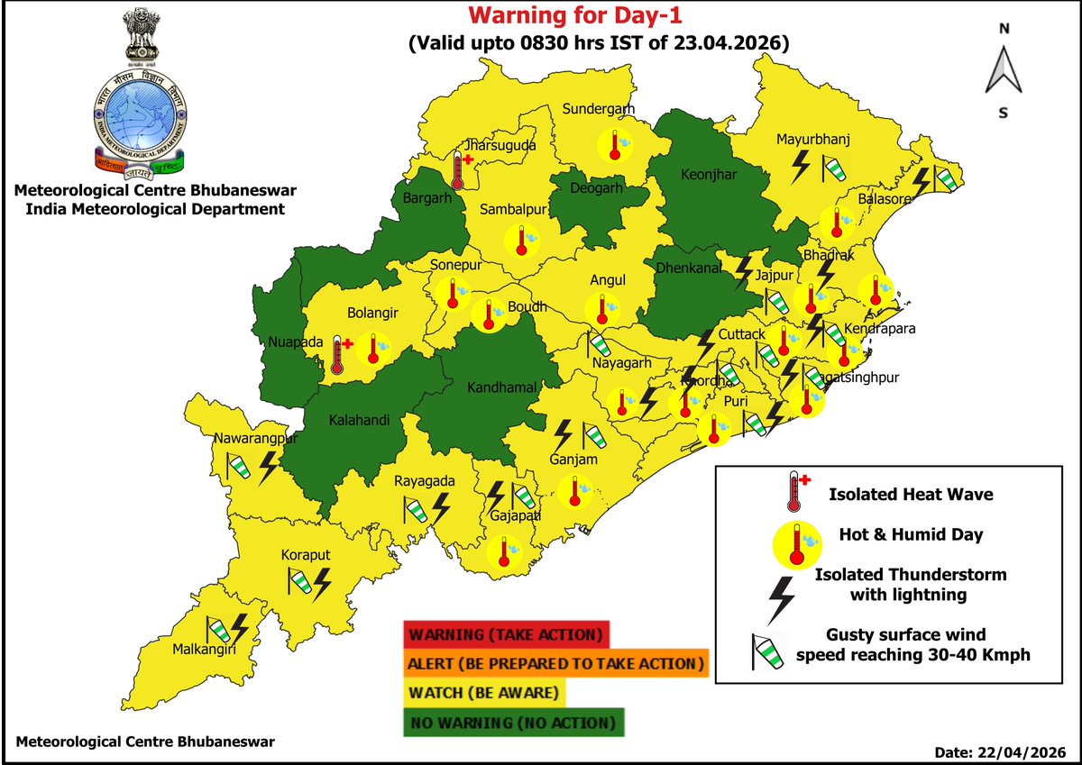 mcbbsr's tweet image. Warning for the State.
Day-1 to Day-5 : Hot and Humid Day, Isolated Thunderstorm, Lightning &amp;amp; Gusty Wind Warning.
Day 1 &amp;amp; Day-2 : Isolated Heat Wave Warning.
Day-3 to Day-5 : Isolated Warm Night Warning.
#heatwave #thunder #humid #Warning #Odisha #odishaweather #WeatherUpdate