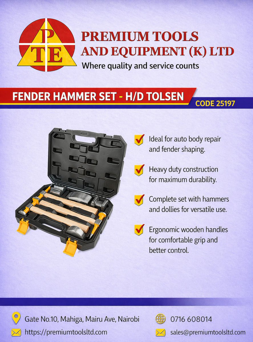 premiumtoolsltd's tweet image. #FenderHammer #PanelBeating #AutoBodyRepair #GarageTools #MechanicTools #WorkshopEssentials #AutoRepair #CarCareKenya #NairobiBusiness #KenyaBusiness #ToolShop #HeavyDutyTools #ProfessionalTools #AutomotiveTools #DentRepair #BodyWork #GarageLife #MechanicLife #IndustrialTools