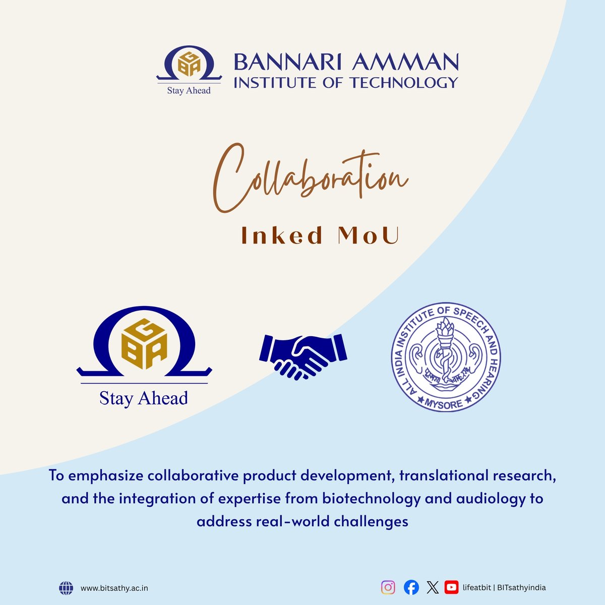 🤝 MoU signed!

BIT partners with AIISH, Mysore to drive innovation through biotechnology &amp; audiology for real-world impact. 🚀

#MoU #Collaboration #Innovation #Research #bitsathy #teambit #lifeatbit