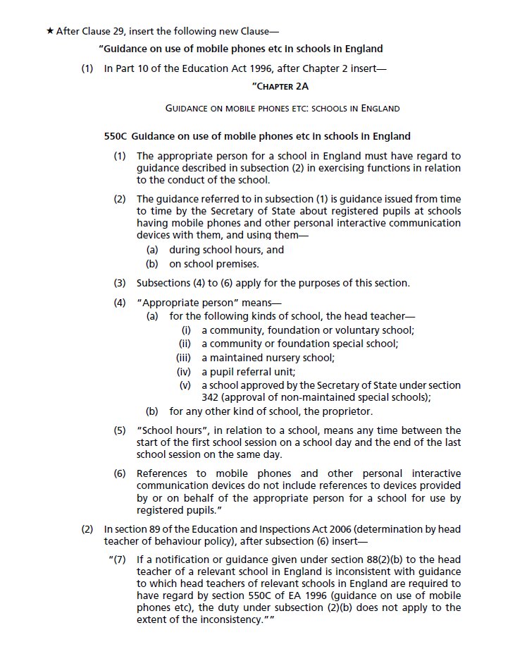 owenboswarva's tweet image. The UK Government has now published its amendment to ban mobile phones in schools in England, by putting recent guidance on a statutory footing:

New clause for Education Act 1996 publications.parliament.uk/pa/bills/cbill…

DfE guidance gov.uk/government/pub…

#CWSBill #smartphones #childrights