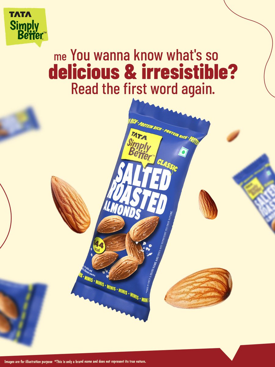 TATASimplyBeter's tweet image. Let’s not complicate it—salted roasted almonds are delicious, irresistible, and done! 🤤

#TataSimplyBetter #DryFruits #Almonds #Snacks #Roasted
[Salted Roasted Almonds, Dry Fruit Snacks, Protein rich snacks, Almond]