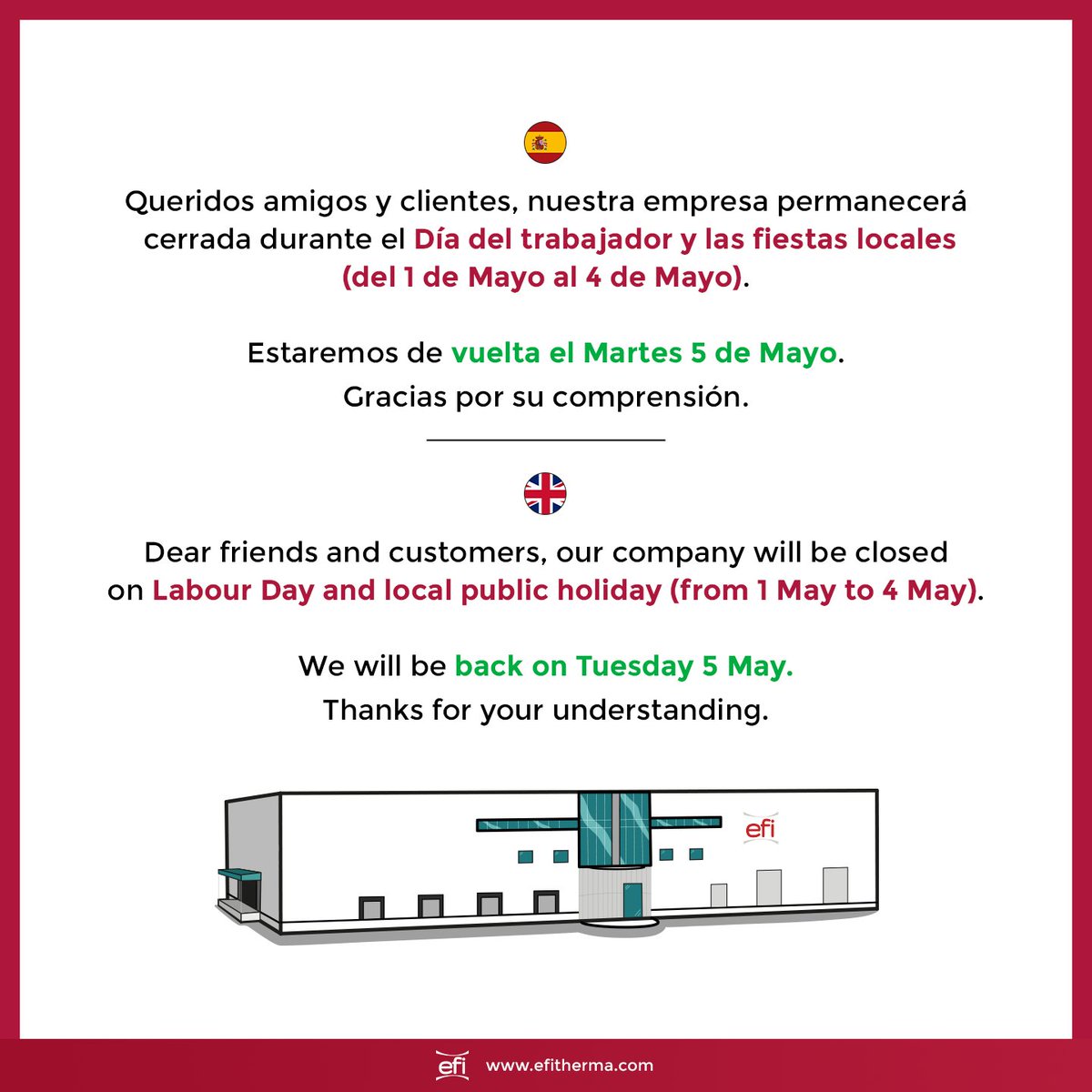 efitherma_com's tweet photo. Con motivo del Día del Trabajador y las fiestas de nuestra localidad, permaneceremos 𝐜𝐞𝐫𝐫𝐚𝐝𝐨𝐬 𝐝𝐞𝐥 𝟏 𝐚𝐥 𝟒 𝐝𝐞 𝐦𝐚𝐲𝐨.

¡Nos vemos pronto! 😊 https://t.co/TxAxqSGtHP