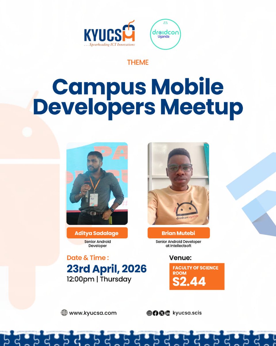 KYUCSA26's tweet photo. Calling all mobile devs! Join KYUCSA’s Campus Mobile Developers Meetup 🚀 Thurs, Apr 23 | 12PM | Room S2.44. Learn Android, iOS, career tips &amp; network! #Kyucsa #MobileDev #Innovation https://t.co/wC07BCTjMz