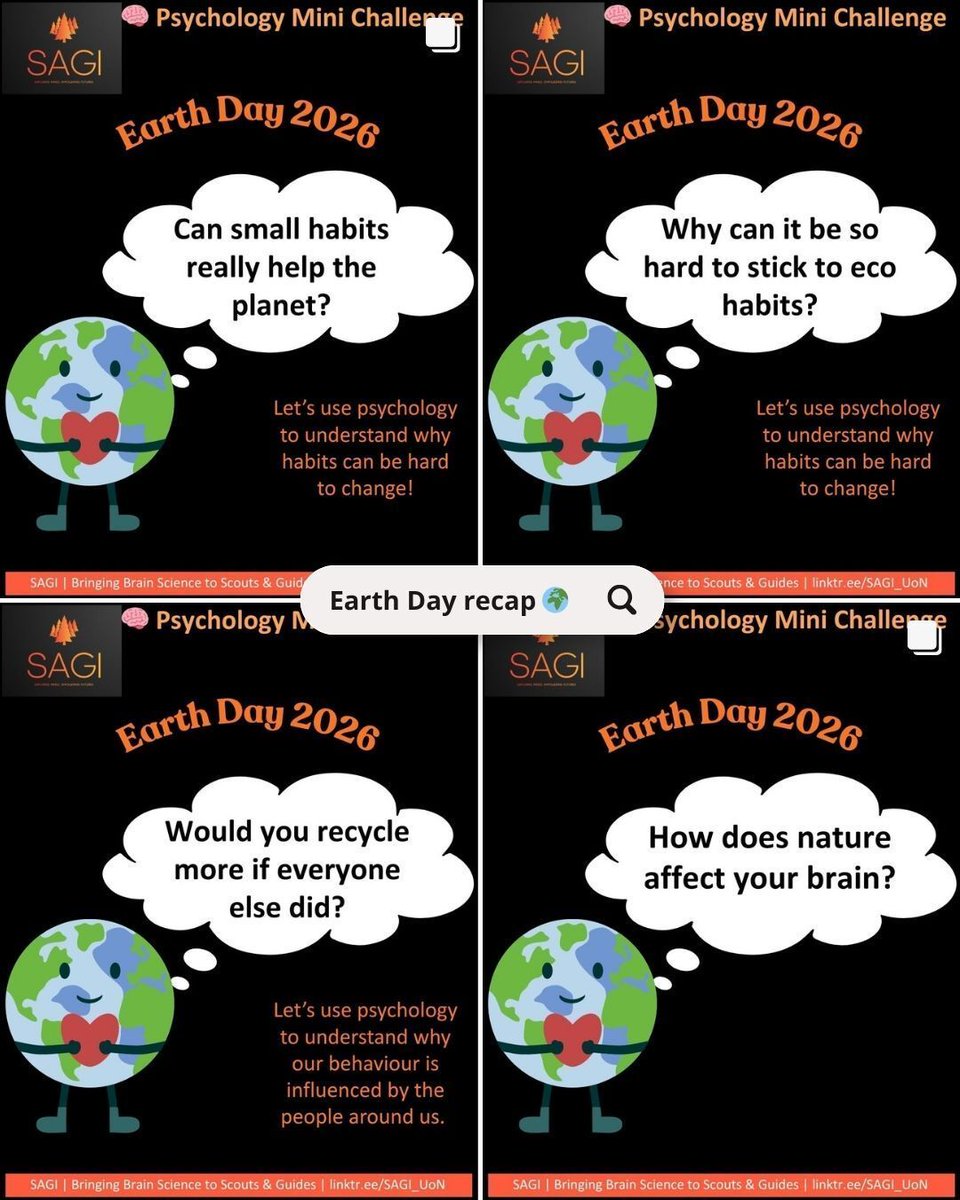 SAGI_UoN's tweet image. 🌍 Happy Earth Day! 

Psychology can help us build small, sustainable habits with young people. Small actions repeated over time lead to real change. 

Try one today!🌱 

#EarthDay #Psychology #BehaviourChange #OutdoorLearning #Scouts #Girlguiding #SAGI_UoN