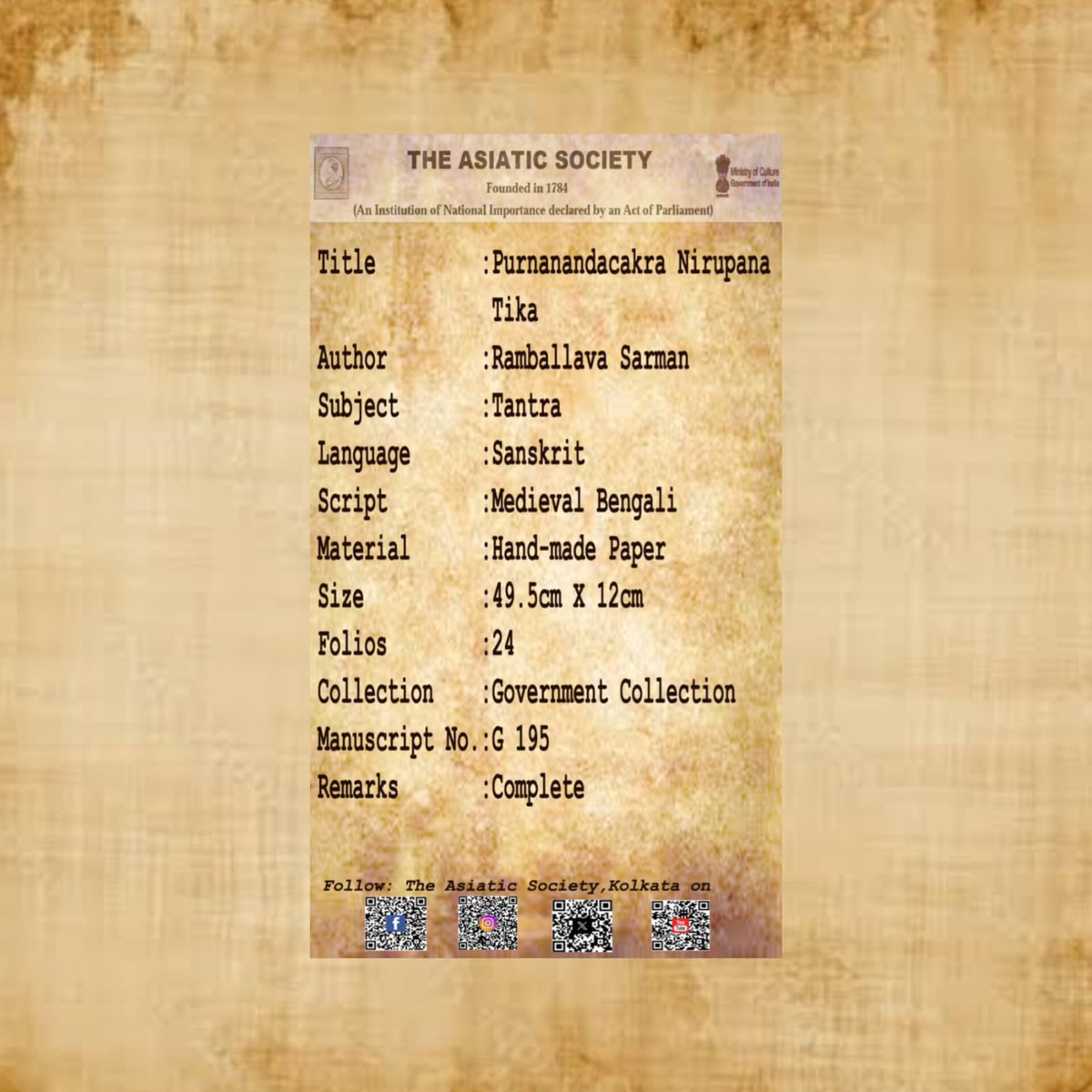 asiatic_society's tweet image. Manuscript of the Day: Purnanandacakra Nirupana Tika
#kolkata #manuscript #photooftheday #Sanskrit #philosophy