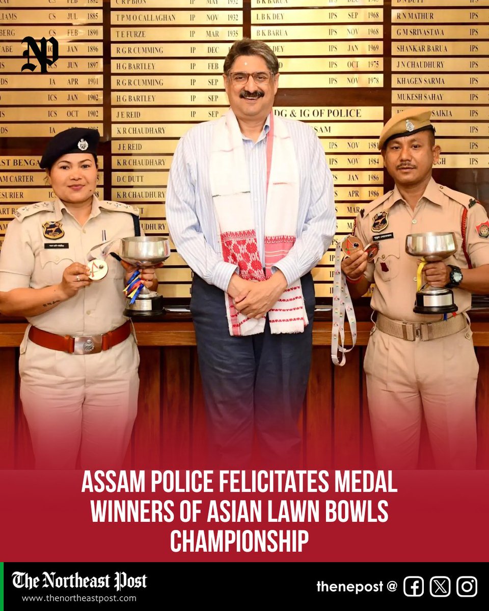 thenepost's tweet image. #Assam | Assam Police honours DSP Nayanmoni Saikia and Hav Putul Sonowal for winning gold medals at the 17th Asian Lawn Bowls Championships in New Delhi.

Read @ thenortheastpost.com/2026/04/assam-…

#AssamPolice #NayanmoniSaikia #PutulSonowal #LawnBowls #AsianChampionships #Sports