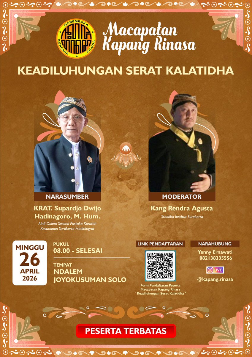 sraddhasala's tweet photo. Undangan Macapatan Untukmu:

Paseduluran Alumni Sastra Daerah UNS kapang.rinasa mengadakan Macapatan dengan topik Keadiluhungan Sěrat Kalatidha karya https://t.co/28CHIvA217.Ranggawarsita. https://t.co/7yisNB4HWW