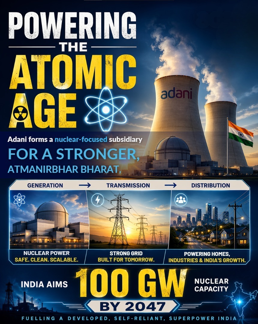 #Adani To Build End-to-End Nuclear Capability As India Targets 100 GW By 2047

India’s nuclear capacity is ~8–9 GW today, with a target of 100 GW by 2047.

👉 Adani has formed a nuclear-focused subsidiary covering generation, transmission, and distribution.

With a 30 GW
