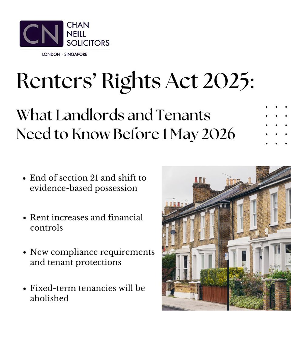 ChanSolicitors's tweet photo. The Renters’ Rights Act 2025 will introduce major changes to the private rented sector from 1 May 2026.

From the abolition of section 21 evictions to the removal of fixed-term tenancies and new rent controls, the reforms mark a clear shift towards greater tenant protection and increased regulation.

If you are a landlord, agent or tenant, now is the time to understand what these changes mean in practice and prepare accordingly.

🔗 Read more: https://t.co/pFyOkvX4GD

📩 For advice on residential and commercial property matters, contact Chan Neill Solicitors LLP.

#PropertyLaw #UKLaw #RentersRights #Landlords #Tenants #Conveyancing #LegalUpdate #London #ChanNeillSolicitorsLLP