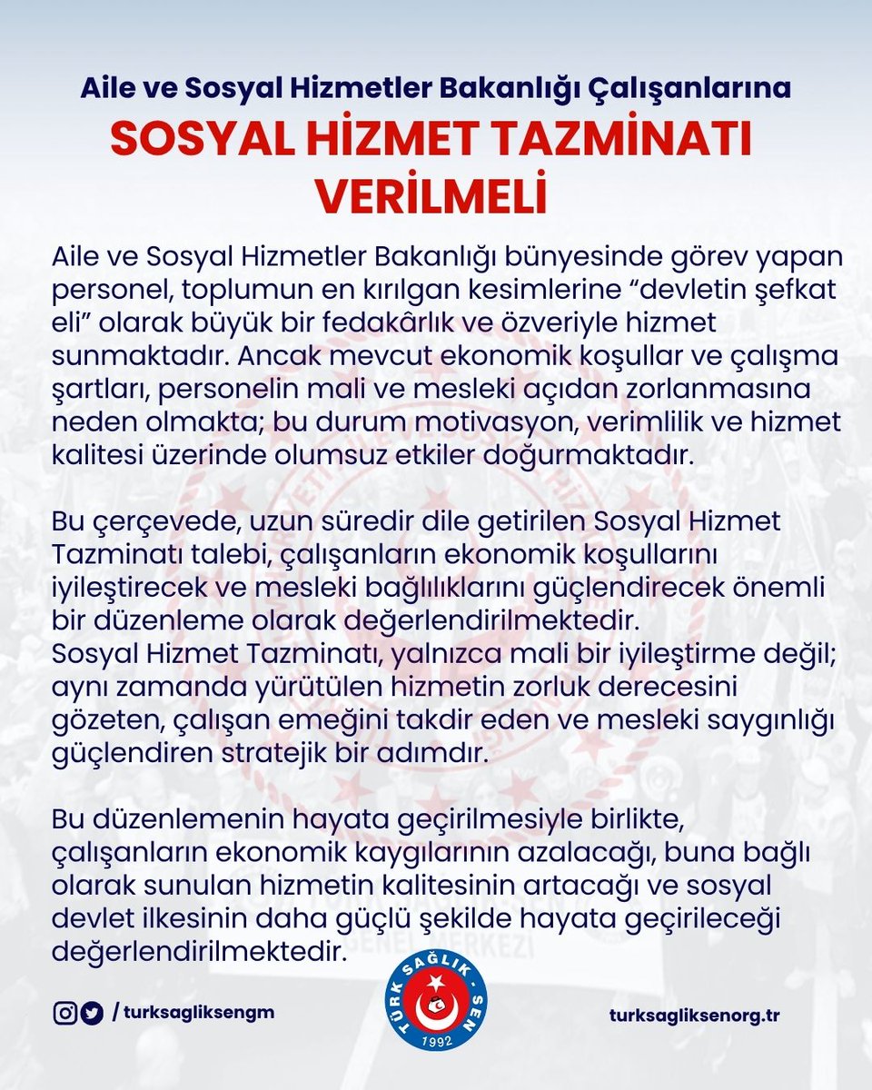 Aile ve Sosyal Hizmetler Bakanlığı çalışanları, toplumun en kırılgan kesimlerine büyük bir özveriyle hizmet veriyor. Ancak ağır çalışma şartları ve ekonomik zorluklar, motivasyon ve hizmet kalitesini olumsuz etkiliyor.

Sosyal Hizmet Tazminatı artık bir ihtiyaçtır.

Bu düzenleme;