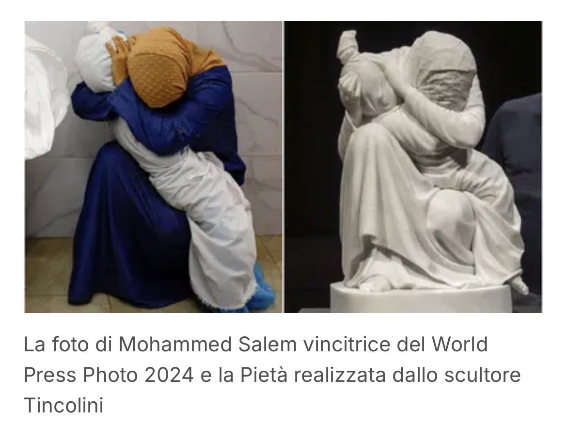 Comune di Milano e Musei Capitolini non hanno accettato di esporre la scultura di Filippo Tincolini ispirata alla foto di Mohammed Salem vincitrice World Press Photo 2024.
Per la “Pietà di Gaza”,di una madre che stringe il suo bambino morto,non c’è posto, perché sono palestinesi.