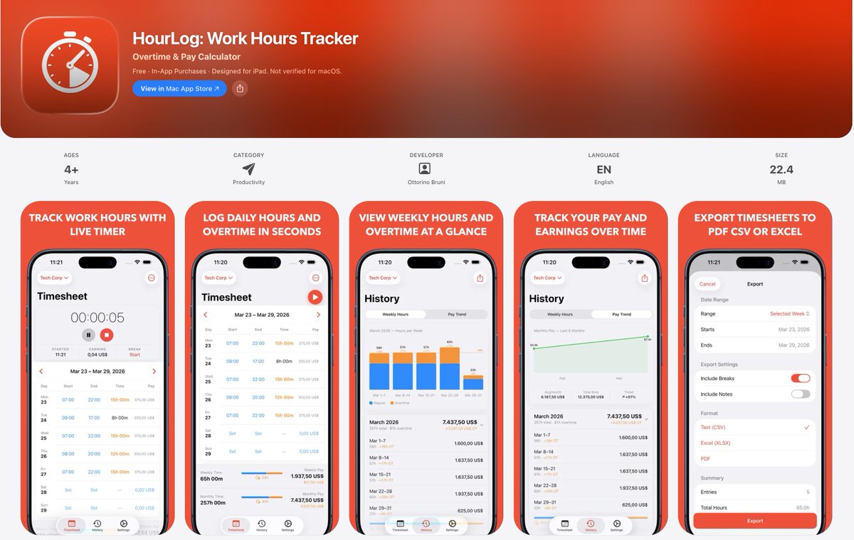 ottorinobruni's tweet image. Track your work hours without the chaos ⏱️
Log time, calculate overtime, and see your real earnings in one clean app
apps.apple.com/us/app/hourlog…

#indiedev #iOS #productivity