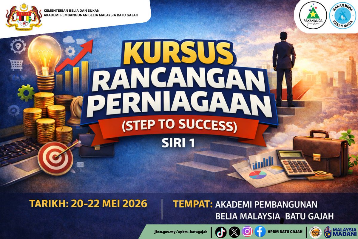apbm_batugajah's tweet photo. KURSUS RANCANGAN PERNIAGAAN (STEP TO SUCCESS) SIRI 1/2026 🚀🌟

📲 Klik sini untuk daftar:
👉https://t.co/DAAA3cRw5d
📌 Sebarang pertanyaan, hubungi:
👩‍💼 Puan Wan Dzalen Razhima
📱 https://t.co/KuO3Y4Ln6U
👩‍💼 Puan Noorhafizah
📱 https://t.co/AQcW2OlnGr https://t.co/Ro4kHVvbUX