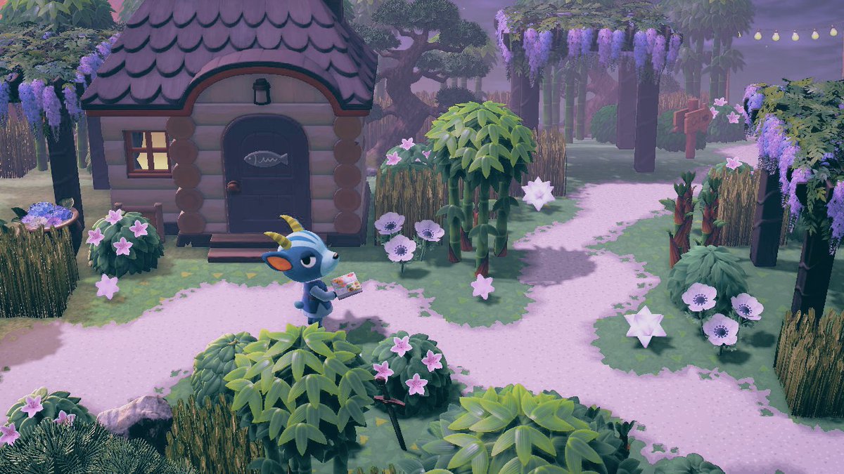 YPa6gvaNJXEcYvN's tweet image. 藤色に染まる島🪻🍇
4月下旬に見頃を迎える藤・アネモネ・ツツジを島に植えてみました✿🌿
花の色に合わせて、紫と白を基調にした和モダンな雰囲気のレイアウトに🟪⬜️
日没直後の空の色がよく似合いますね🌙🌟
#あつまれどうぶつの森 
#あつ森写真部 
#ACNH