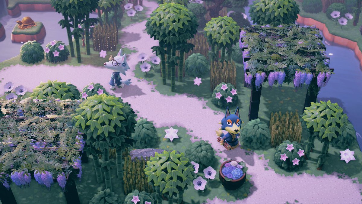 YPa6gvaNJXEcYvN's tweet image. 藤色に染まる島🪻🍇
4月下旬に見頃を迎える藤・アネモネ・ツツジを島に植えてみました✿🌿
花の色に合わせて、紫と白を基調にした和モダンな雰囲気のレイアウトに🟪⬜️
日没直後の空の色がよく似合いますね🌙🌟
#あつまれどうぶつの森 
#あつ森写真部 
#ACNH