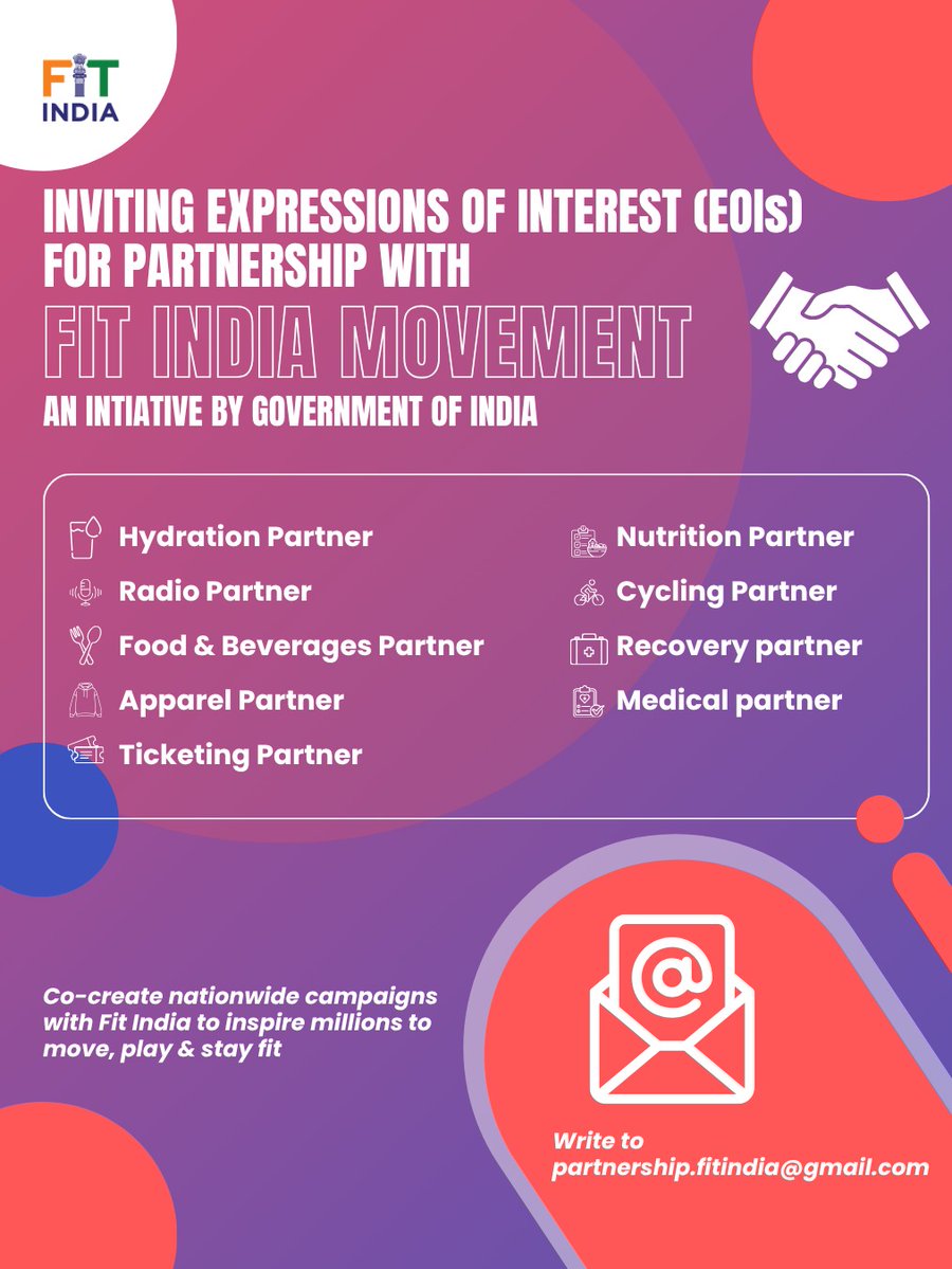 FitIndiaOff's tweet image. Step into a partnership that powers a fitter India 🇮🇳
Fit India Movement is inviting Expressions of Interest (EoIs) from like-minded partners to co-create impactful, nationwide fitness campaigns. 

🔗 Submit your EoI: kheloindia.gov.in/uploads/expres…

#FitIndia #Partnerships #KheloIndia