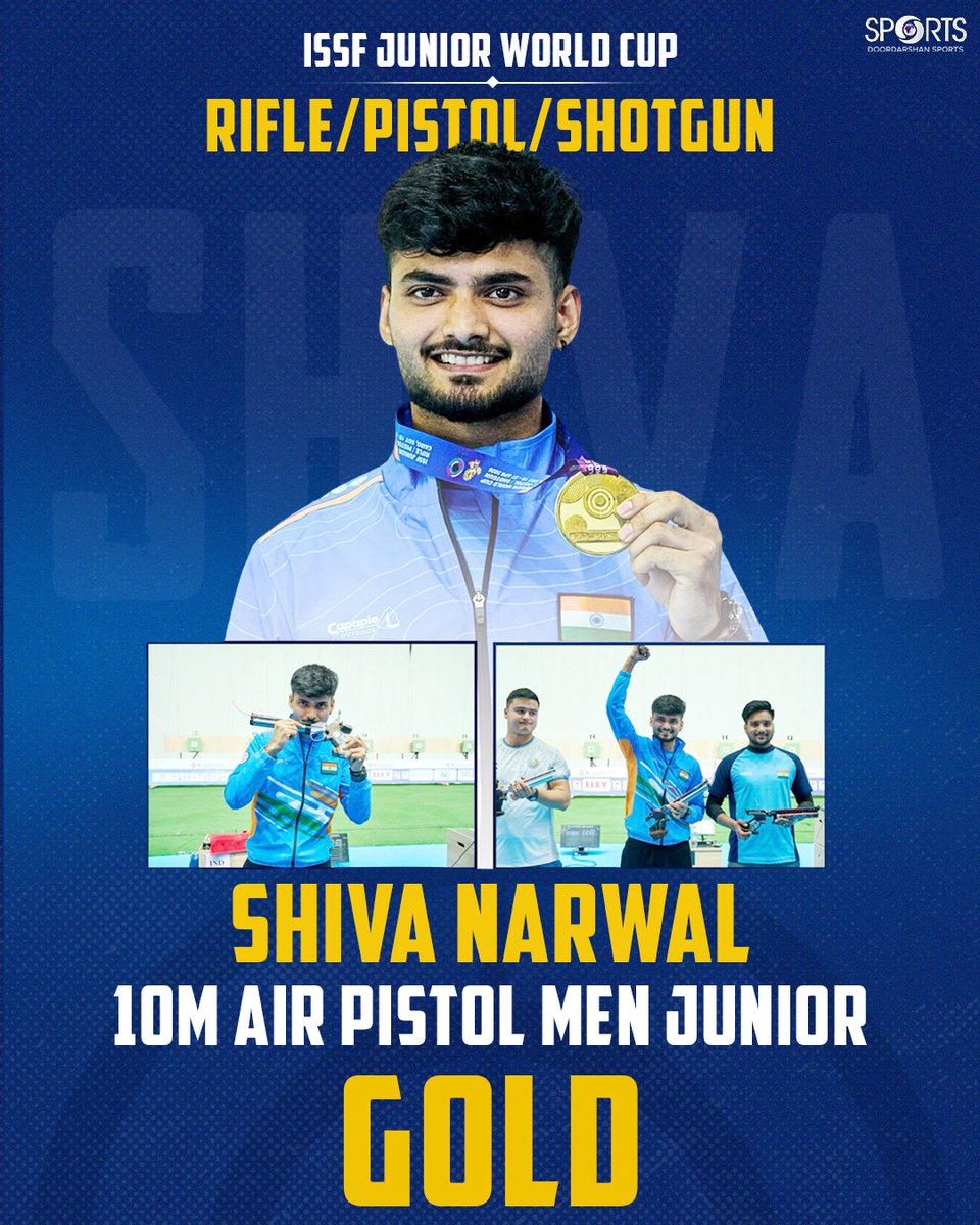 ddsportschannel's tweet image. Clinching the Gold in style! 🥇

Shiv Narwal shines on the big stage, securing the top spot in the Junior Men’s 10m Air Pistol in Cairo 🇪🇬 with a solid score of 241.8 🎯.

Calm under pressure, sharp with every shot!

#Shooting #AirPistol #GoldMedal #ISSF #RisingStar #SportsIndia