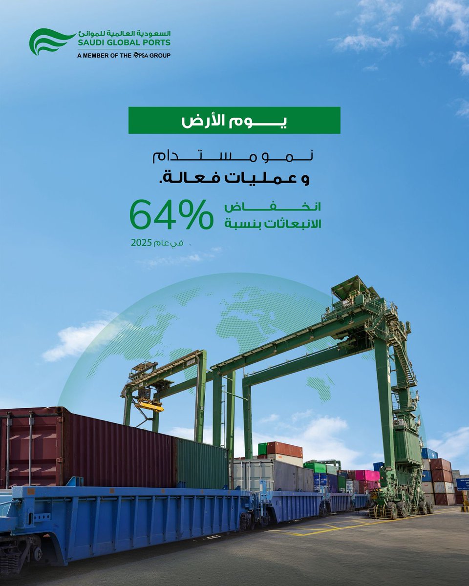SaudiGlobalPort's tweet photo. في #يوم_الأرض، تؤكد #الشركة_السعودية_العالمية_للموانئ التزامها بسلسلة إمداد أكثر كفاءةً ومسؤولية.

ومن خلال استخدام المعدات الكهربائية، وتوسيع الربط بالسكك الحديدية، وتعزيز العمليات الذكية، نعمل على تقليل الانبعاثات وتحسين الكفاءة، محققين انخفاضًا بنسبة 64% في عام 2025.

وبصفتنا #بوابة_النمو، نواصل دعم الأولويات البيئية للمملكة من خلال إجراءات عملية وقابلة للقياس.