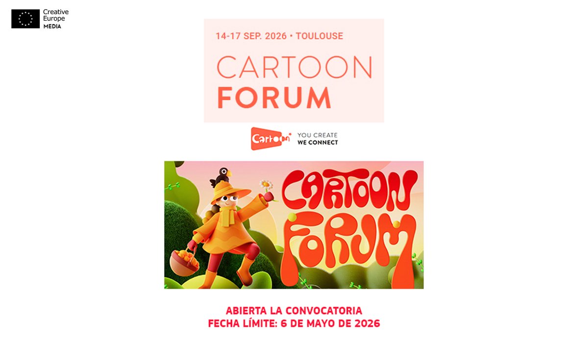 OficinaMEDIAEs's tweet image. ¡Últimas semanas!

Cartoon Forum 2026: Convocatoria para #proyectos de #series de #animación.

Fecha límite: 6 de mayo de 2026.

Más información &amp;gt; tuit.es/Wsr75

#CartoonForum