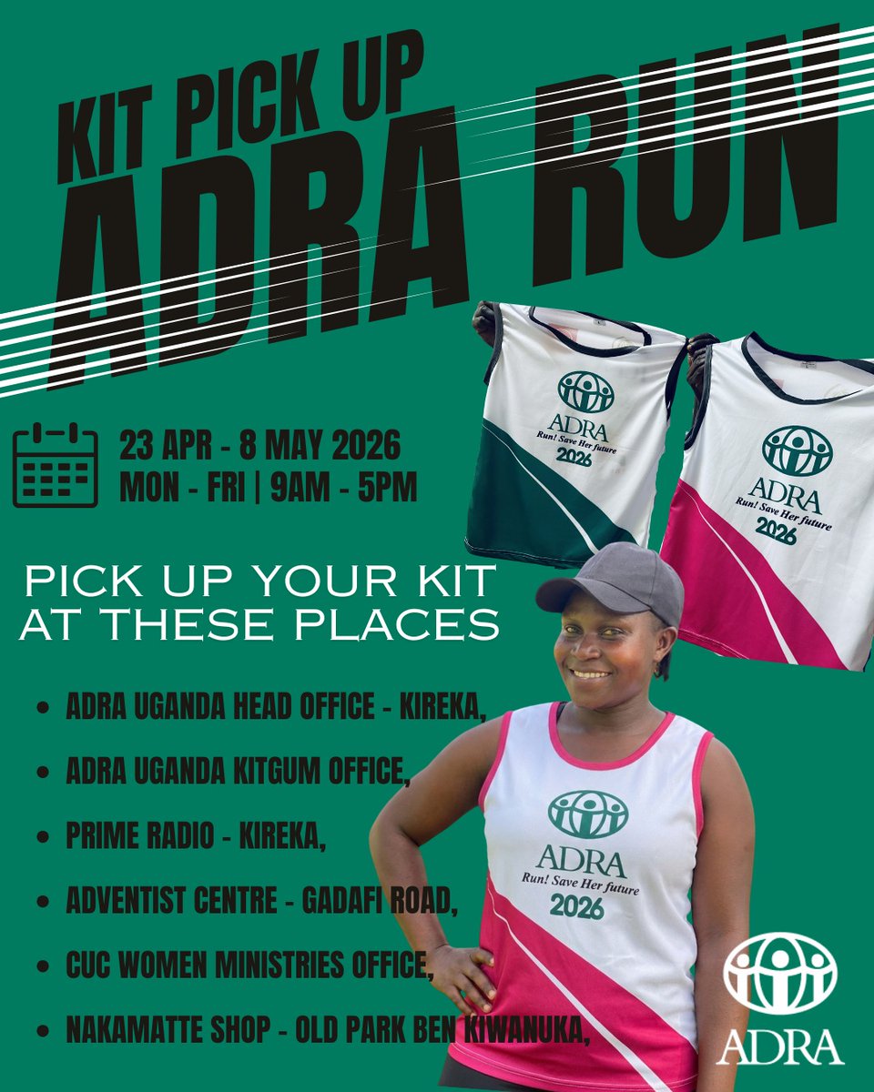 ADRA_Uganda's tweet image. Kits are Out 
Together, we run. Together, we uplift the girl child. Mark your calendars — ADRA Run for the Girl Child | May 10, 2026 📅 Be part of the movement. Be part of the change. 💪👧#ADRARun2026 #saveherfuture #BackToSchool #ADRAUganda #GirlsEducation     #May10Run