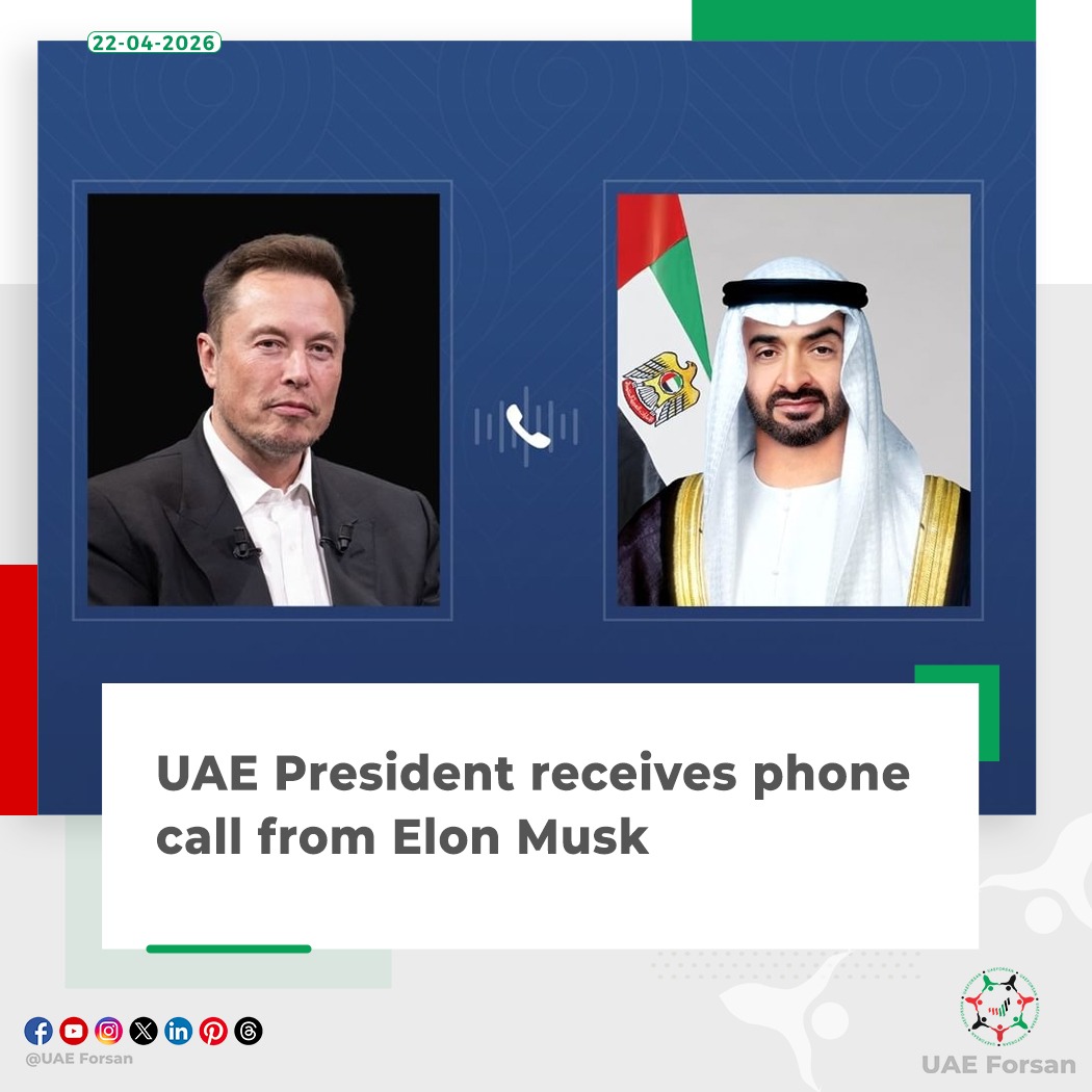 UAE_Forsan's tweet image. UAE President His Highness Sheikh Mohamed bin Zayed Al Nahyan received a phone call from American entrepreneur Elon Musk, during which they discussed developments in #AdvancedTechnology, #ArtificialIntelligence, and #Space, and the opportunities these sectors offer to support