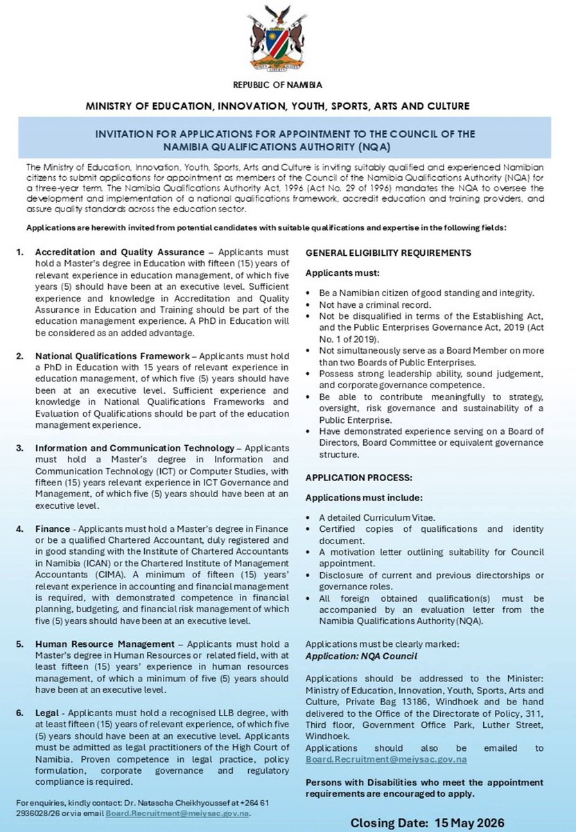 MEIYSAC_Namibia's tweet image. We’re hiring! 

MEIYSAC invites qualified and passionate individuals to apply for exciting vacant positions.

Be part of a team committed to shaping the future of MEIYSAC.

Apply now and make a meaningful impact.

#MEIYSAC #NowHiring #PublicService #NamibiaJobs #JoinOurTeam