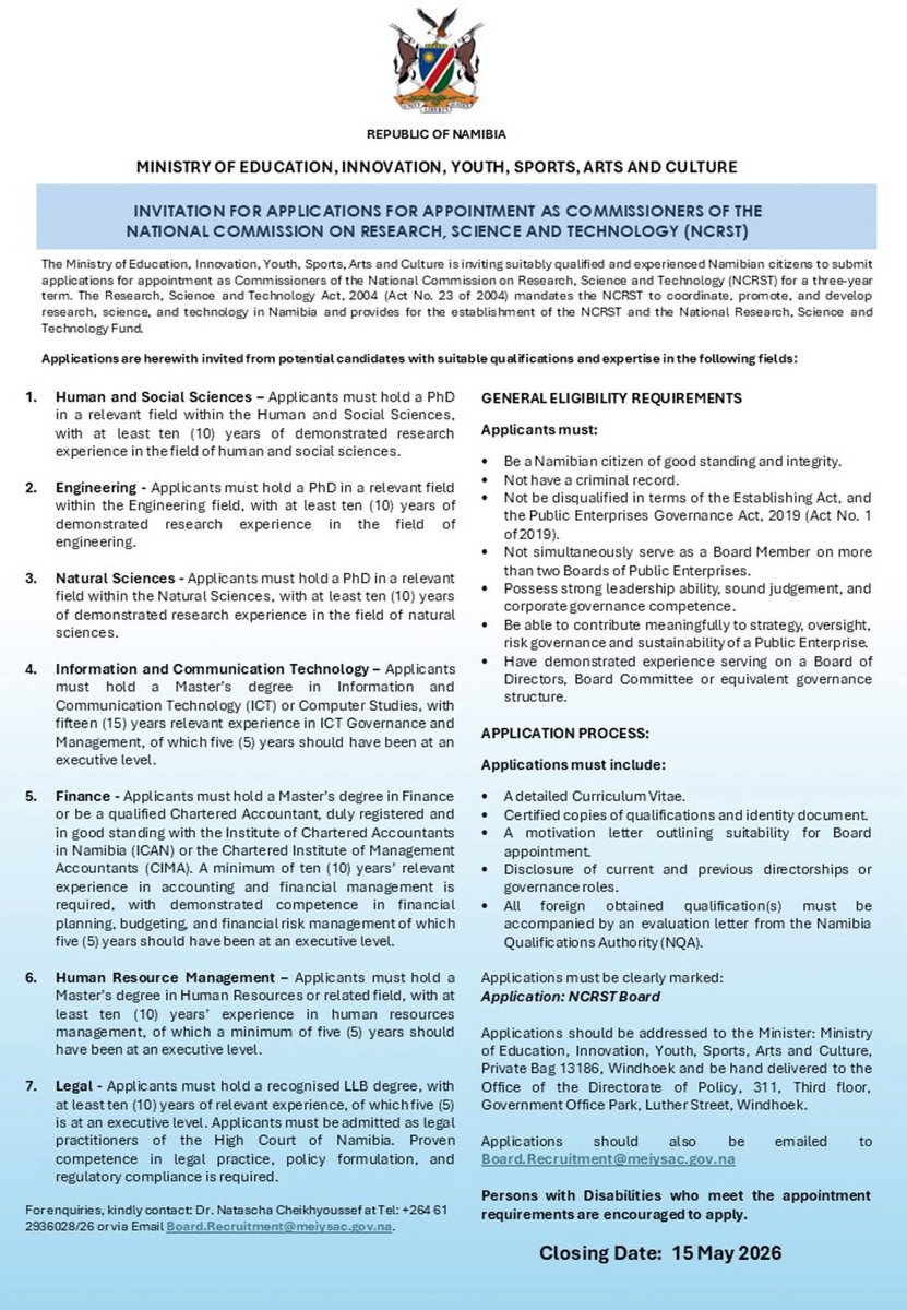 MEIYSAC_Namibia's tweet image. We’re hiring! 

MEIYSAC invites qualified and passionate individuals to apply for exciting vacant positions.

Be part of a team committed to shaping the future of MEIYSAC.

Apply now and make a meaningful impact.

#MEIYSAC #NowHiring #PublicService #NamibiaJobs #JoinOurTeam