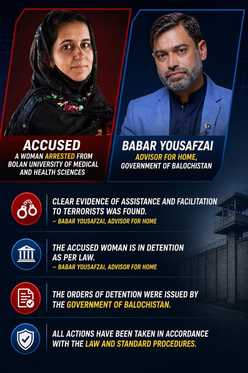 mahzaibbalch's tweet image. A Bolan University woman has been arrested for allegedly facilitating terrorists. Authorities say evidence supports the charges and confirm she is in lawful detention under Balochistan government orders, with due legal process underway.
#Balochistan 
#SecurityOperations