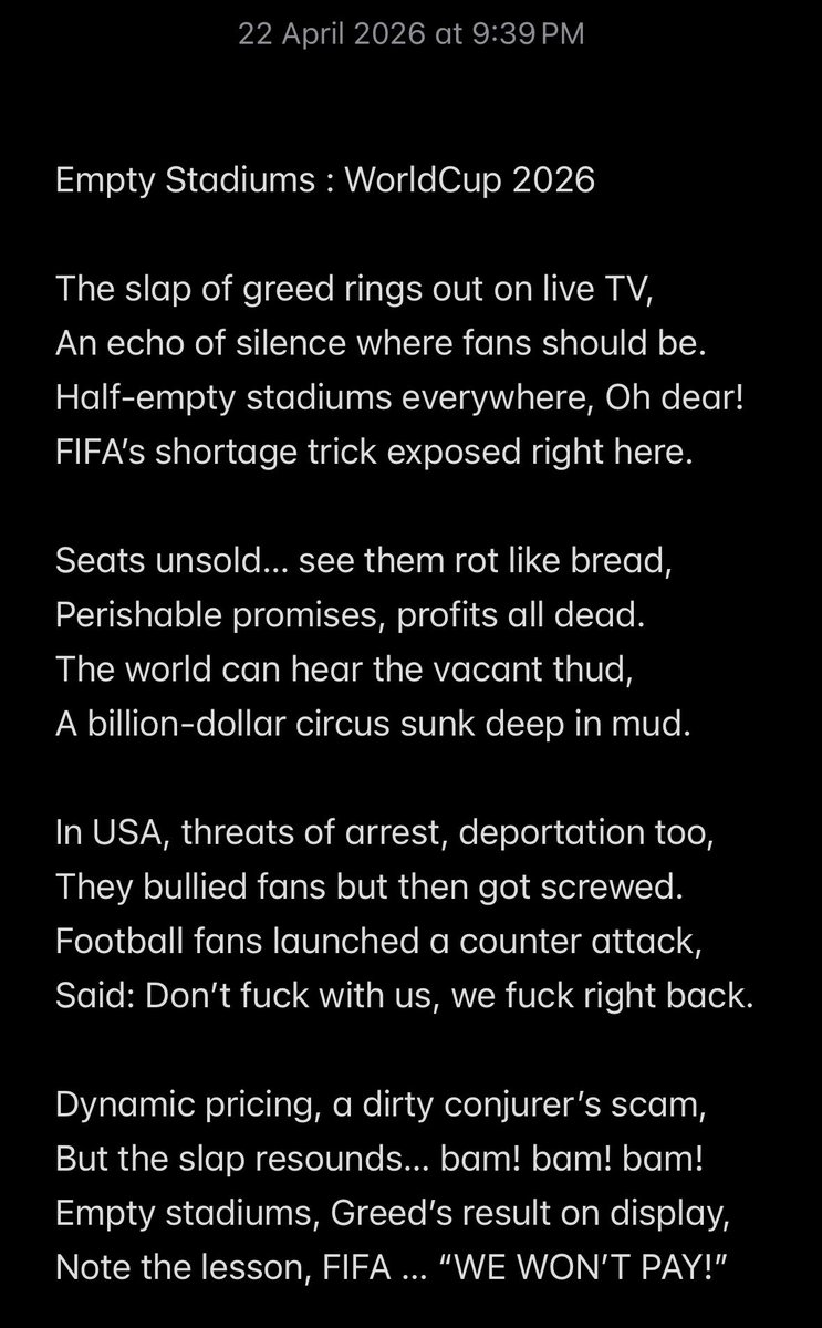 leeseongwee's tweet photo. @jfazli @FIFAcom @FIFAWorldCup Celebrating the #WorldCup, ON TV, with a fitting poem called #EmptyStadiums https://t.co/y35yGrLob5