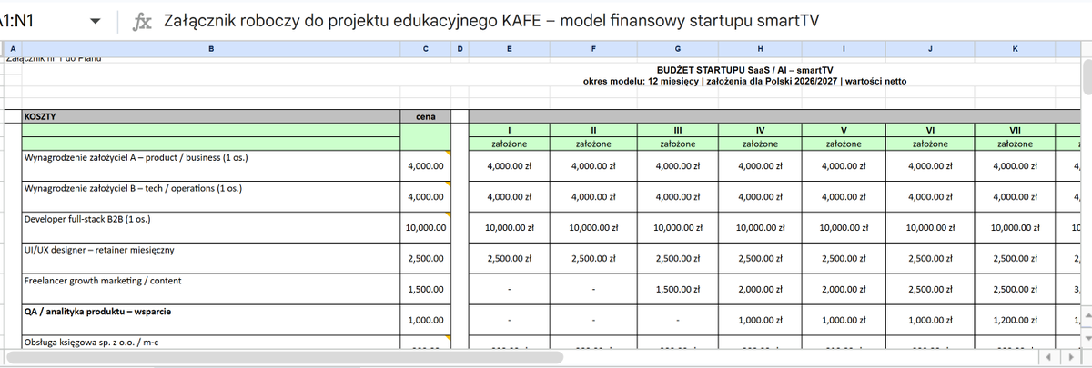 InauguraStudio's tweet photo. Building a startup kosztorys ≠ filling numbers.

It’s about linking:
users → conversion → revenue
costs → burn → runway → break-even
Within the KAFE program, this task felt less like homework and more like building a real investor model.
#startup #finance #CAC #LTV https://t.co/0QW64TgEFr