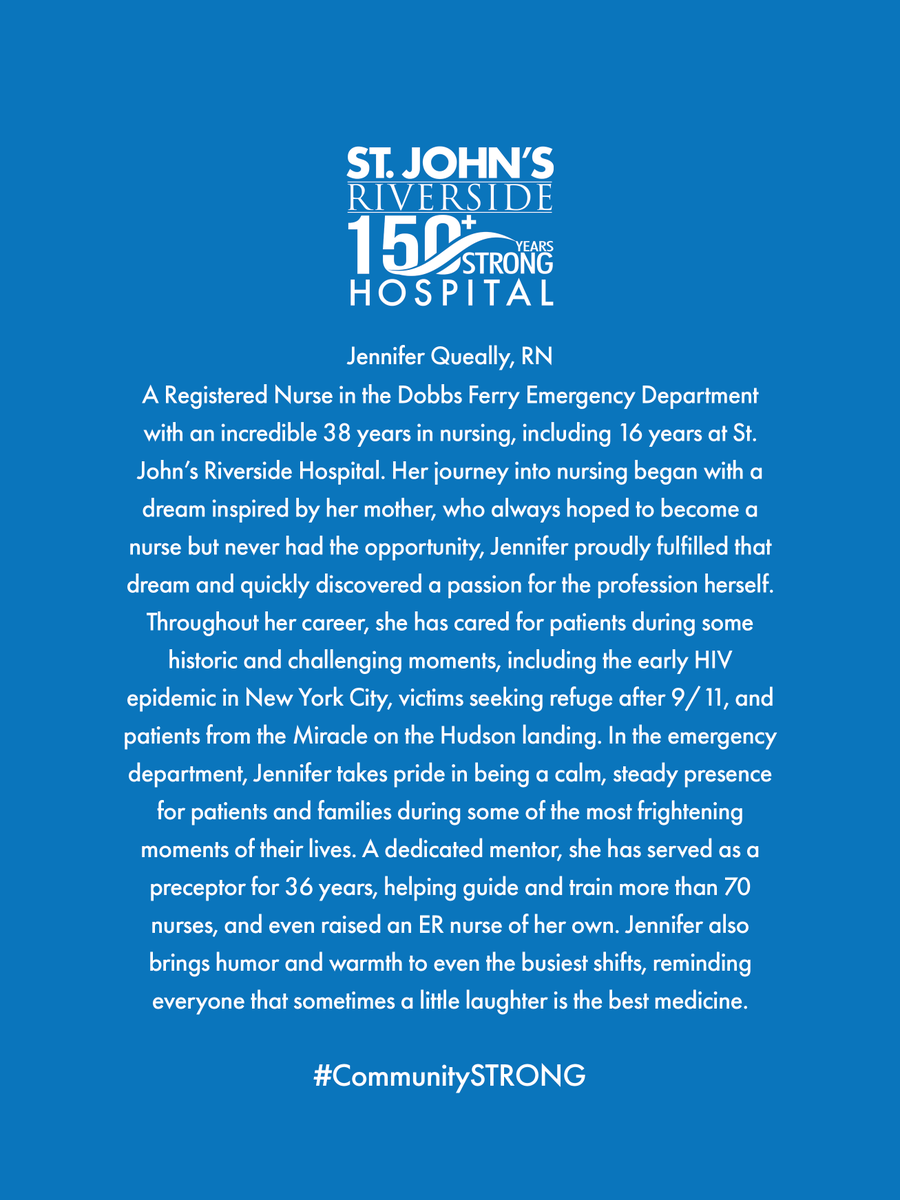 SJRHtoday's tweet image. Journey Wednesdays, Powered by our Nurses.

Jennifer Queally, RN, brings 38 years of nursing experience. From historic moments in NYC to everyday emergencies, her calm presence &amp;amp; passion for mentoring have shaped countless lives. #CommunitySTRONG

RiversideHealth.org