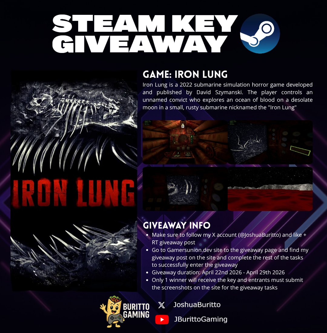 JoshuaBuritto's tweet image. April Steam Key Giveaway #4: Iron Lung

1) Follow me 
2) ❤️+ RT post 
3) Go to gamersunion.dev/giveaways and sign up and enter giveaway post to confirm entry

Giveaway closes on 30th April 26

#giveaway #steam #ironlung #steamgiveaway #pcgaming
