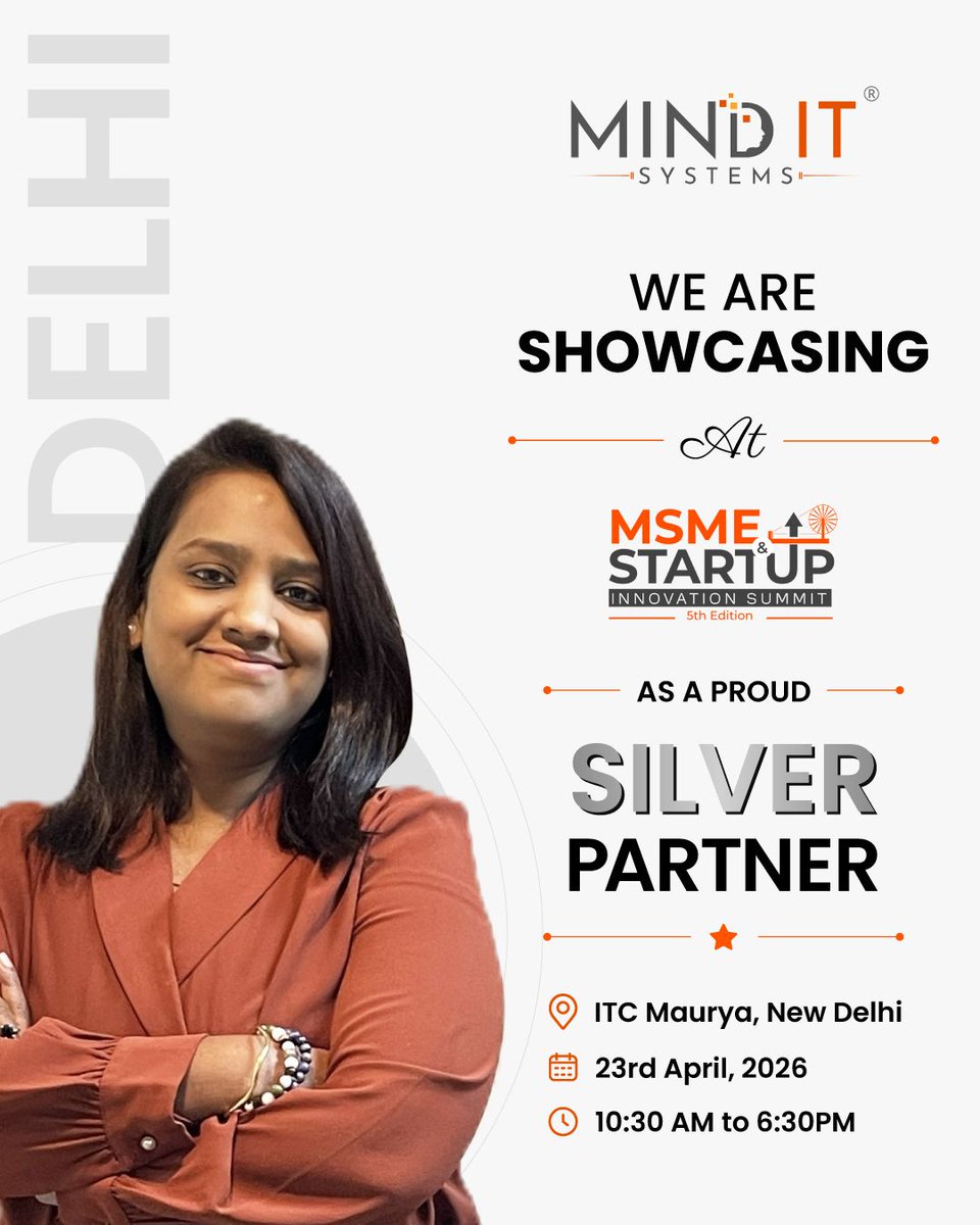 MindITWorks's tweet image. Get ready to meet our Co-Founder &amp;amp; CExO, Kanicka Gupta, tomorrow at the MSME &amp;amp; Startup Innovation Summit 2026! 

 #MSMESummit #StartupEcosystem #DigitalTransformation #IndiaTech #MSMEStartupSummit2026 #MindITSystems #SilverPartner #StartupIndia #MSME #NewDelhi