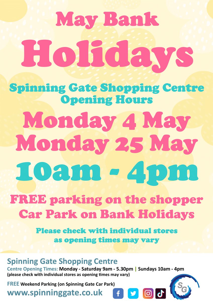 spinninggate's tweet photo. With May Bank Holidays fast approaching, we thought we had better remind you about our opening times:
#may #bankholidays #freeparking #leigh https://t.co/xiFXHRI6dT