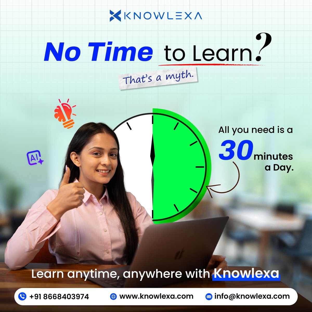 knowlexaedu's tweet image. “No time to learn?” ⏳ That’s a myth.

💡 Just 30 mins/day = real skills
🚀 Learn AI &amp;amp; digital tools anytime

👉 Start today
🌐 knowlexa.com

#Upskill #DigitalSkills #CareerGrowth #AI #Students