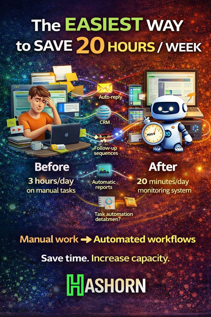 hashornX's tweet image. The easiest way to save 20 hours/week:

Stop doing repetitive tasks manually.

Automate replies, follow-ups, reporting &amp;amp; tracking.

Work less on ops → more on growth.

Where do you spend most time?
linkedin.com/feed/update/ur… 
#timemanagement #automation #productivity #workflow #ai