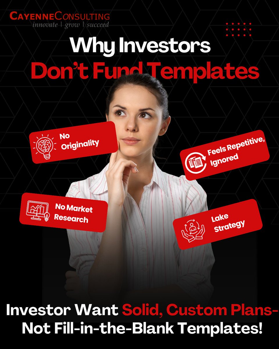 CayenneBizPlan's tweet photo. Investors don’t fund templates—they fund clarity.When every plan looks the same, investors lose interest https://t.co/ldSKsNQy4Z gives structure. Advisors build confidence.
Answer “Why you?” &amp; “Why now?”—or refine your plan.#InvestorPitch #StartupFunding https://t.co/Z5dmXtQA2x