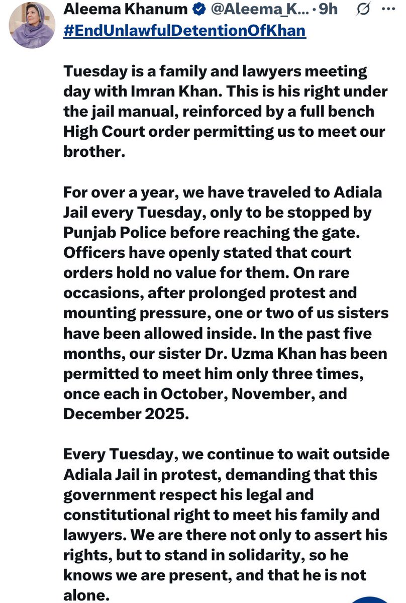 “Tuesday is a family and lawyers meeting day with Imran Khan. This is his right under the jail manual, reinforced by a full bench High Court order permitting us to meet our brother.

For over a year, we have traveled to Adiala Jail every Tuesday, only to be stopped by Punjab